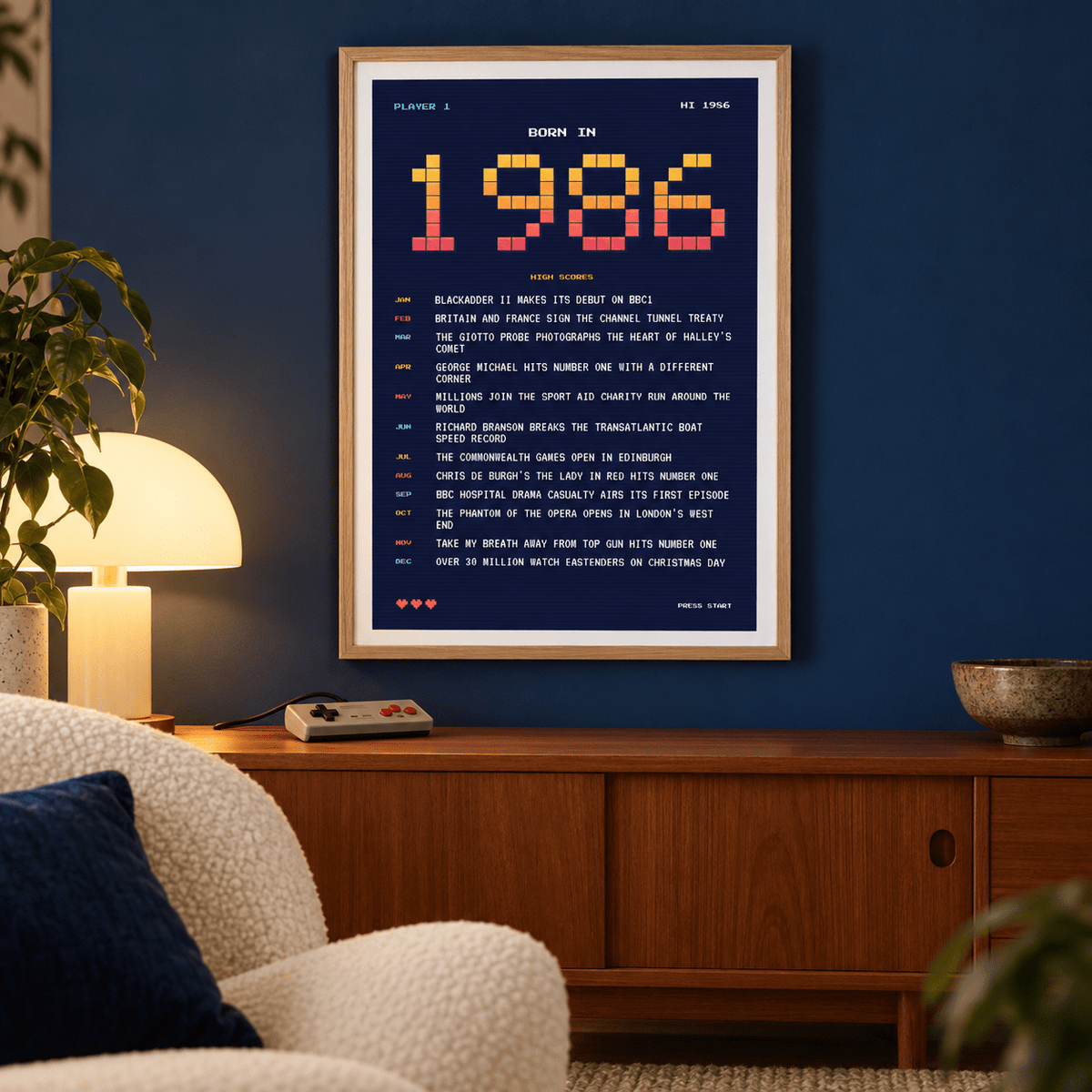 Eight bit 1986 high score print on a wall in a lived in room