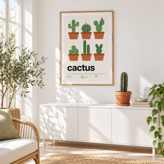 Six cacti in terracotta pots in a white sunroom with natural light