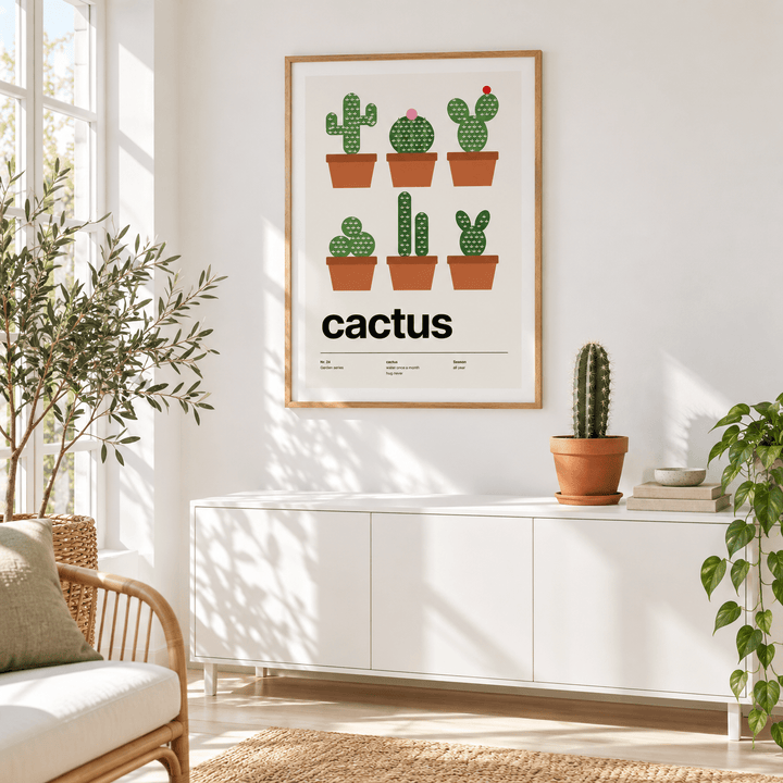 Six cacti in terracotta pots in a white sunroom with natural light