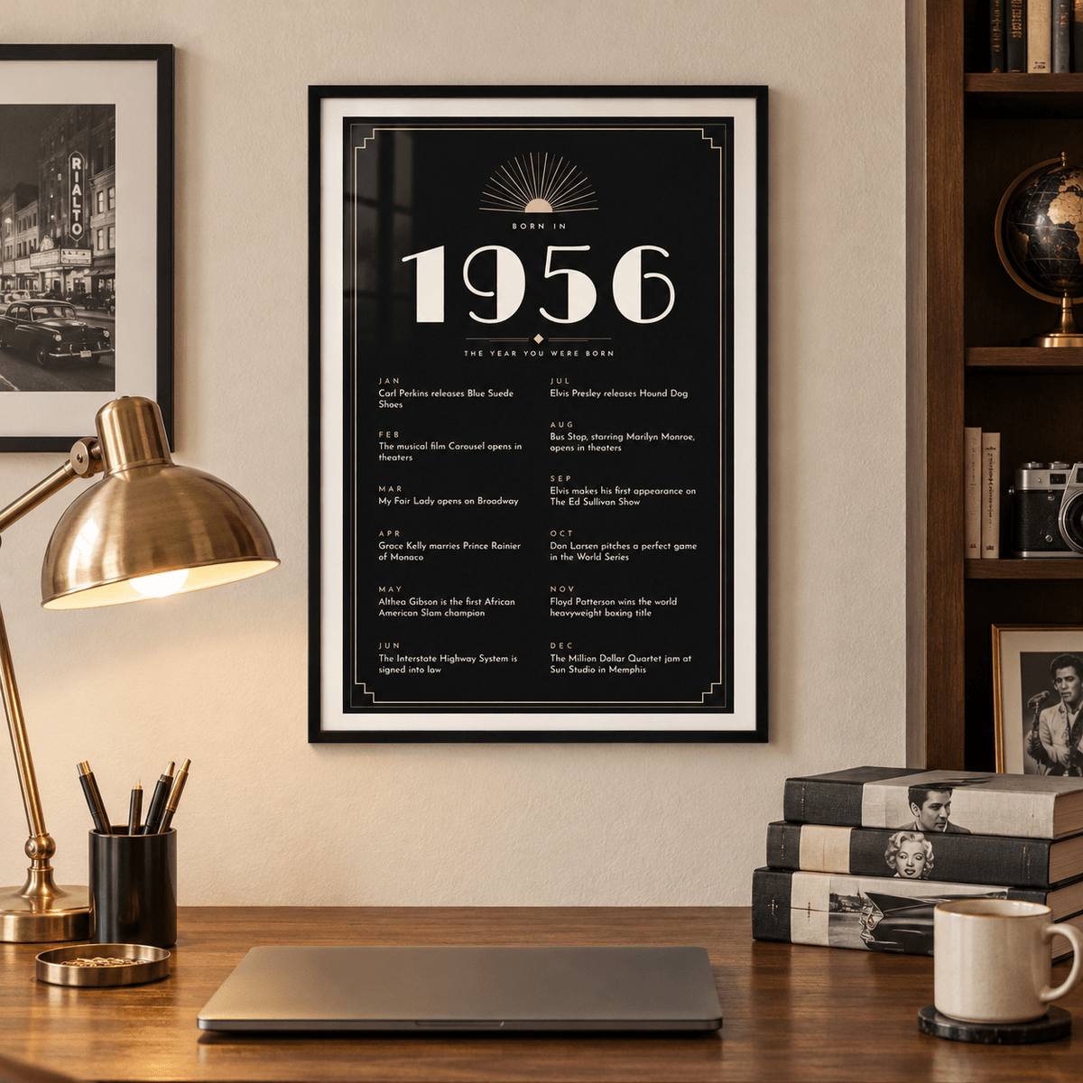 Black and champagne Art Deco 1956 print on a wall in a lived in room