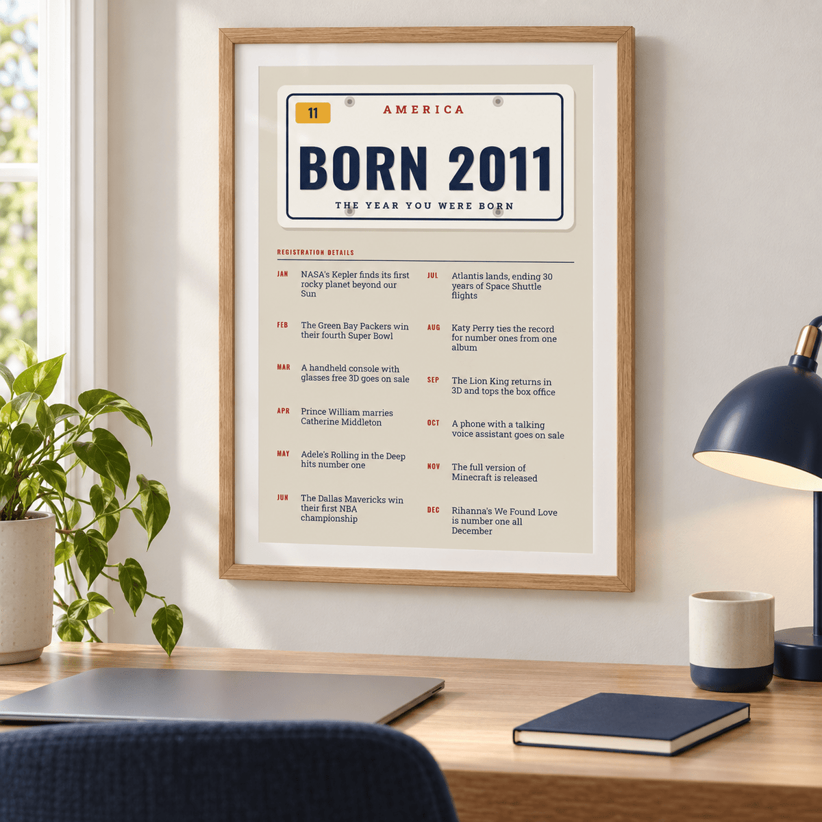 License plate print reading BORN 2011 on a wall in a lived in room
