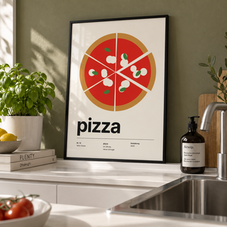 Sliced pizza with one slice pulled out print on a shelf in a kitchen