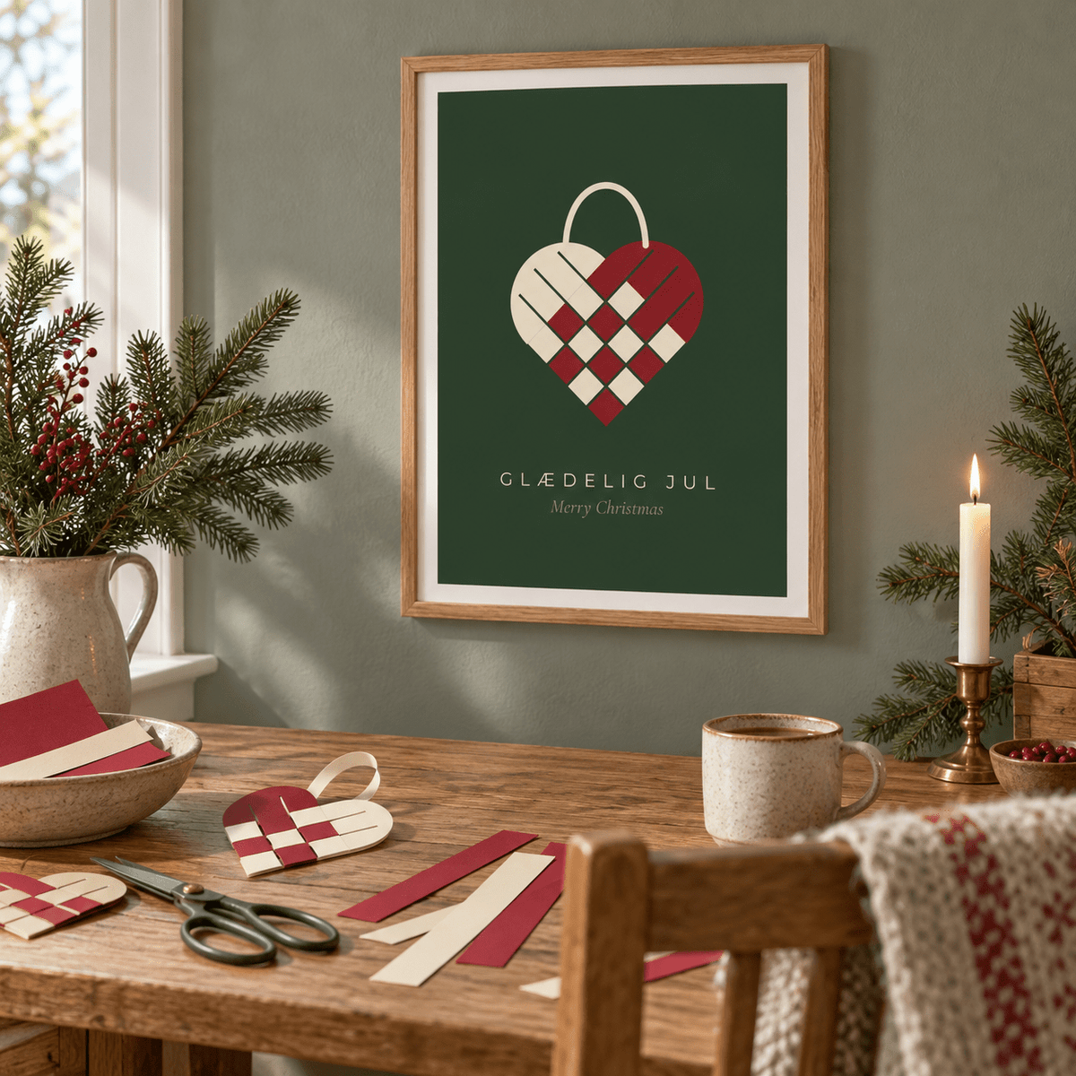 Danish woven heart print in a craft room at Christmas