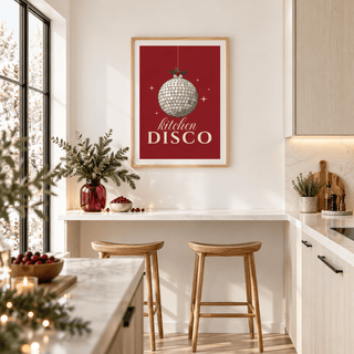 Mirror ball kitchen party print in an airy modern kitchen at Christmas