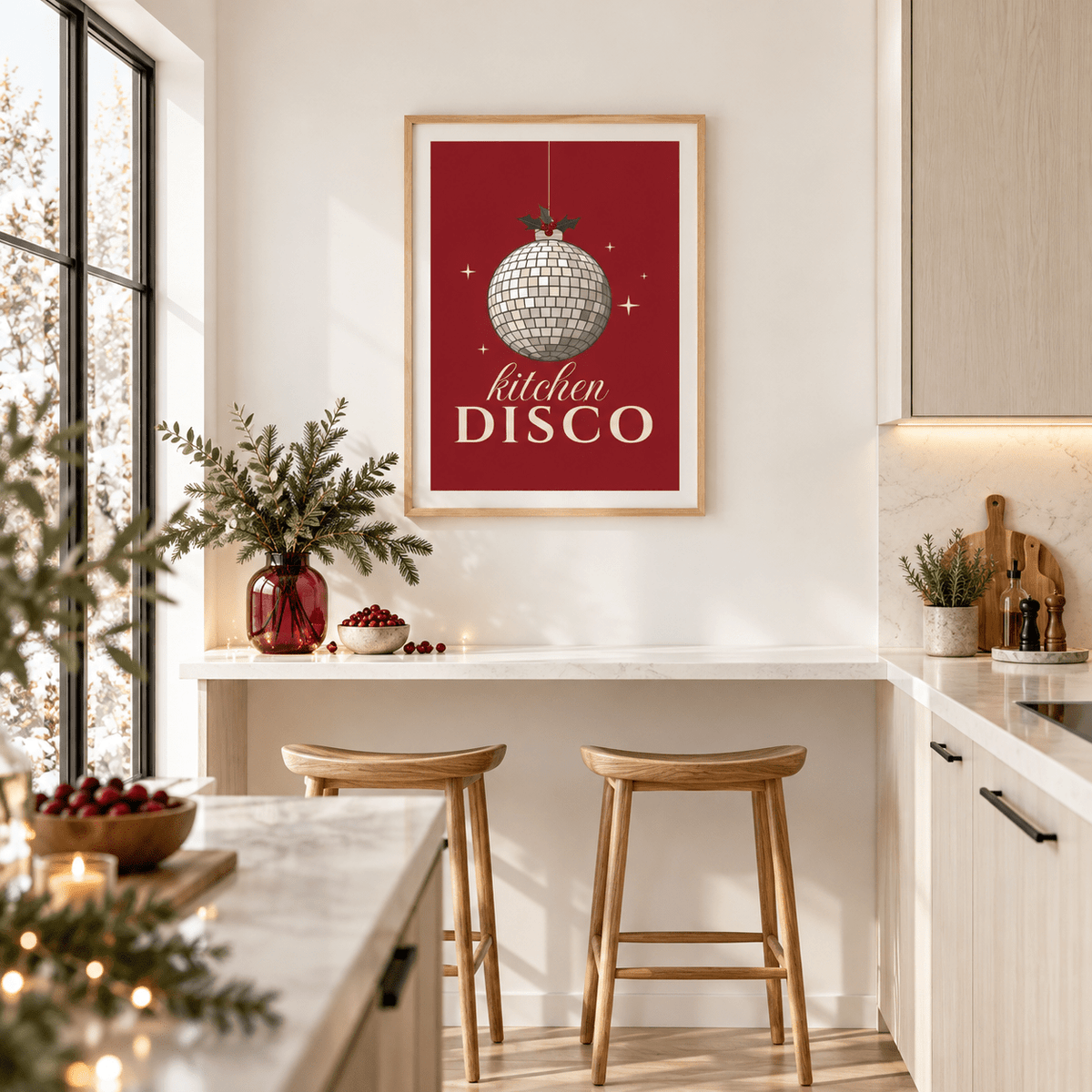 Mirror ball kitchen party print in an airy modern kitchen at Christmas