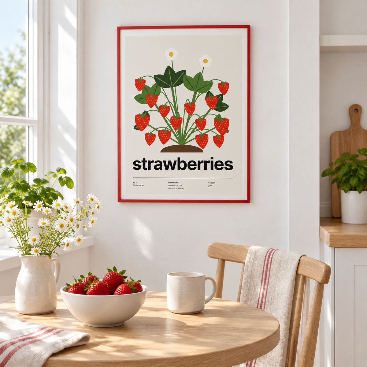Strawberry plant heavy with red berries above a breakfast table with a bowl of strawberries