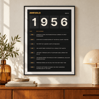 Arrivals board print with 1956 on flap tiles on a wall in a lived in room