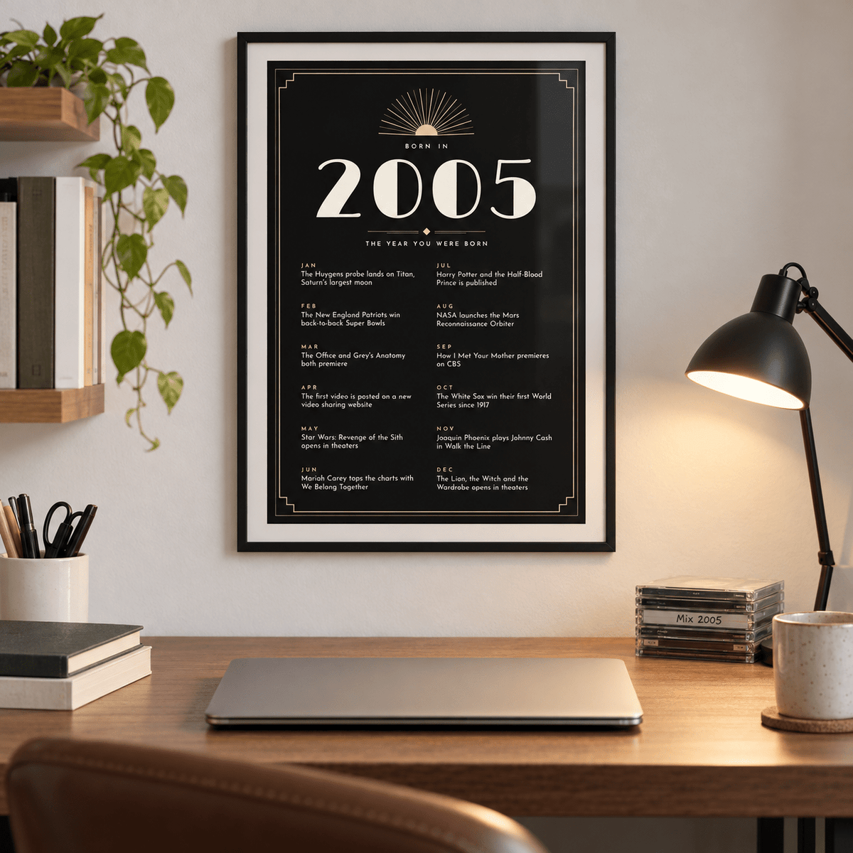 Black and champagne Art Deco 2005 print on a wall in a lived in room