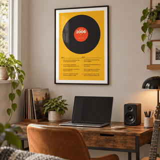 Black vinyl record print with a 2006 label on a wall in a lived in room