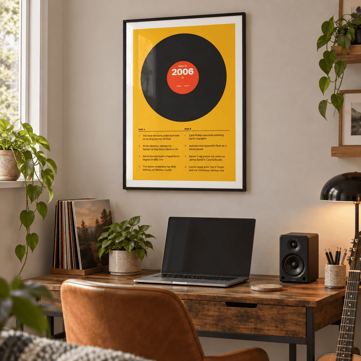 Black vinyl record print with a 2006 label on a wall in a lived in room