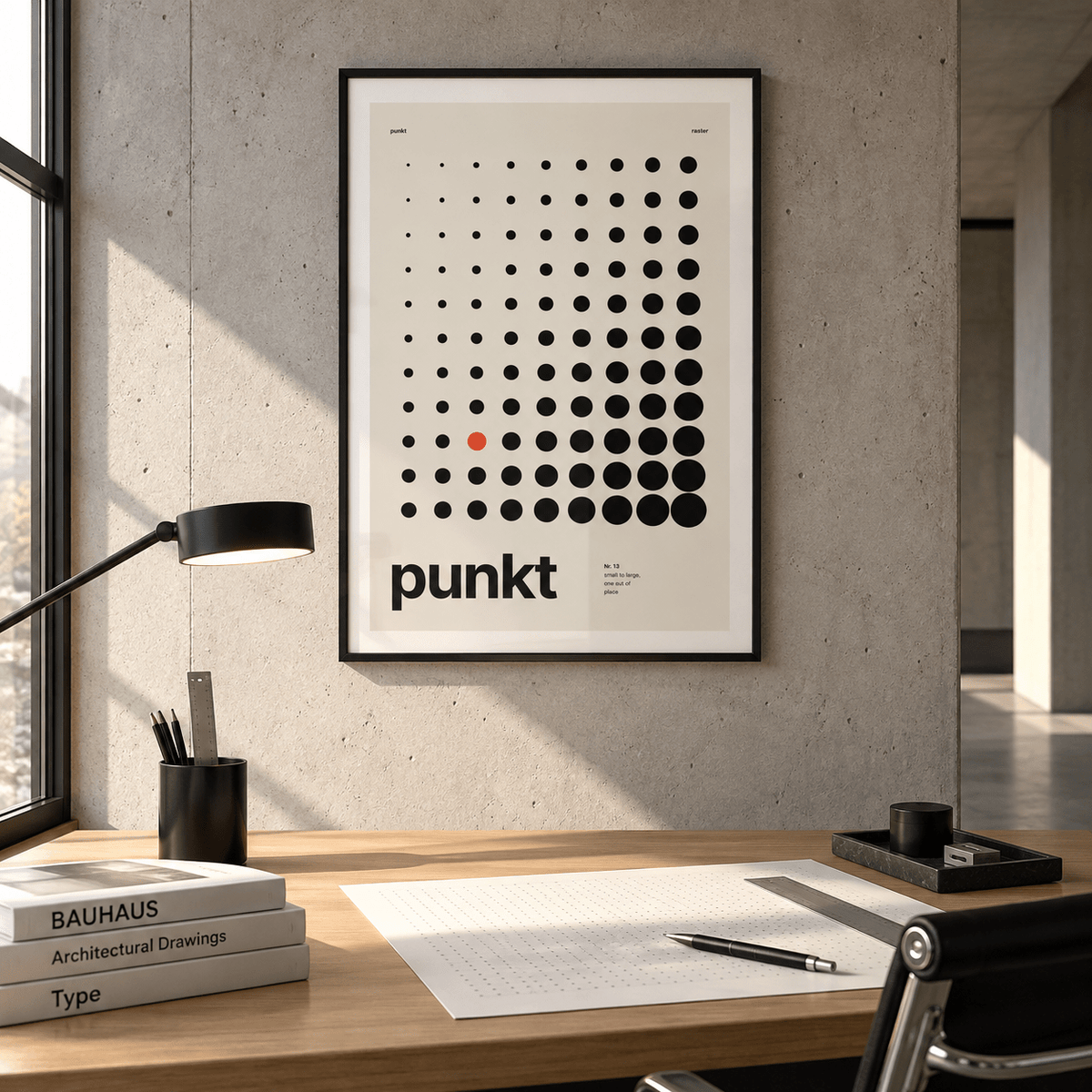 Black dots growing in size print above a desk in a home office