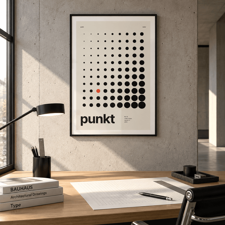 Black dots growing in size print above a desk in a home office