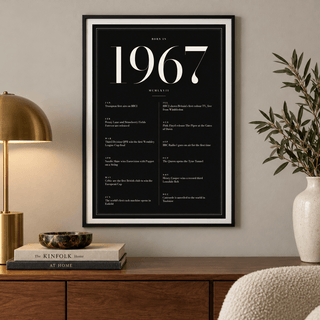 Black and ivory 1967 birth year print on a wall in a lived in room