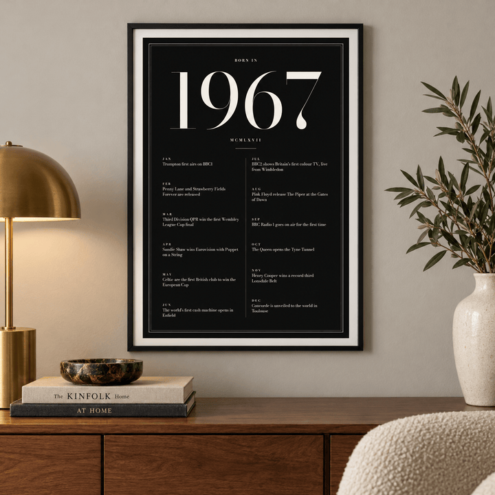 Black and ivory 1967 birth year print on a wall in a lived in room