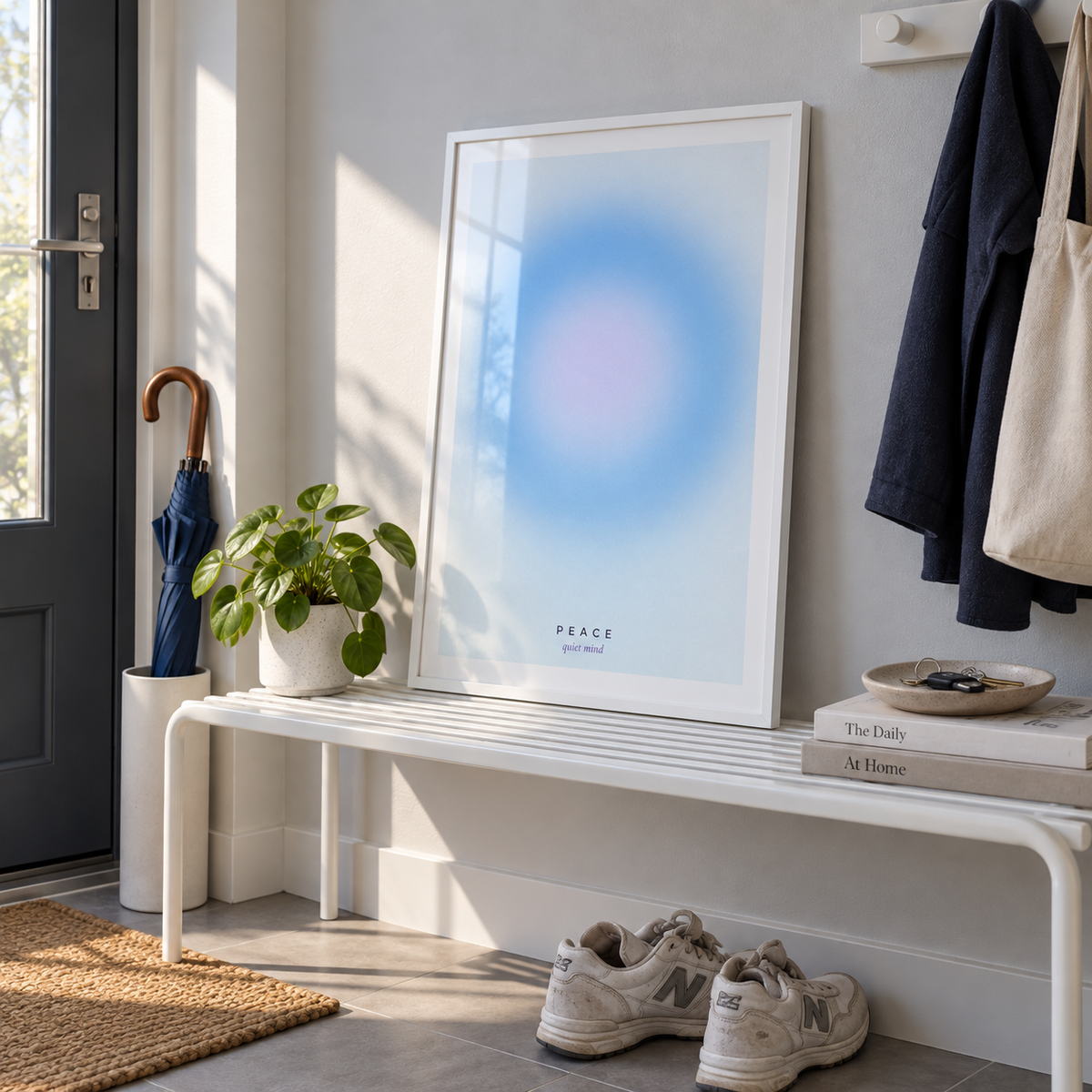 Soft sky blue halo gradient print above a bench in an entryway