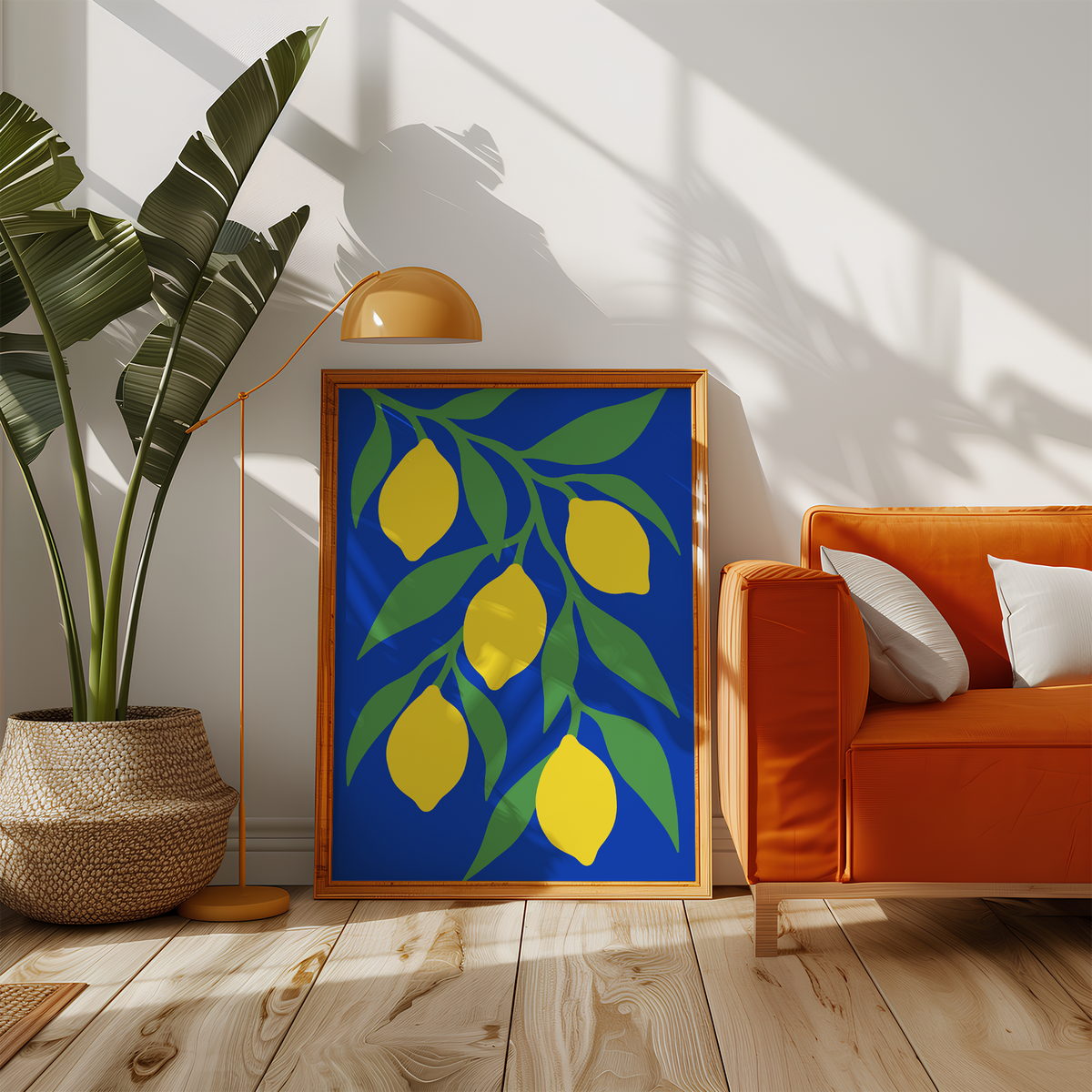Five yellow lemons on a leafy branch beside an orange sofa in a sunny living room