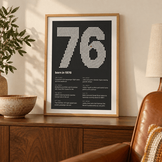 Charcoal halftone print of the year 1976 on a wall in a lived in room
