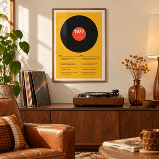 Black vinyl record print with a 1977 label on a wall in a lived in room