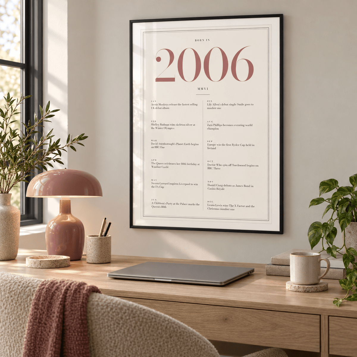 Cream and dusty rose 2006 birth year print on a wall in a lived in room