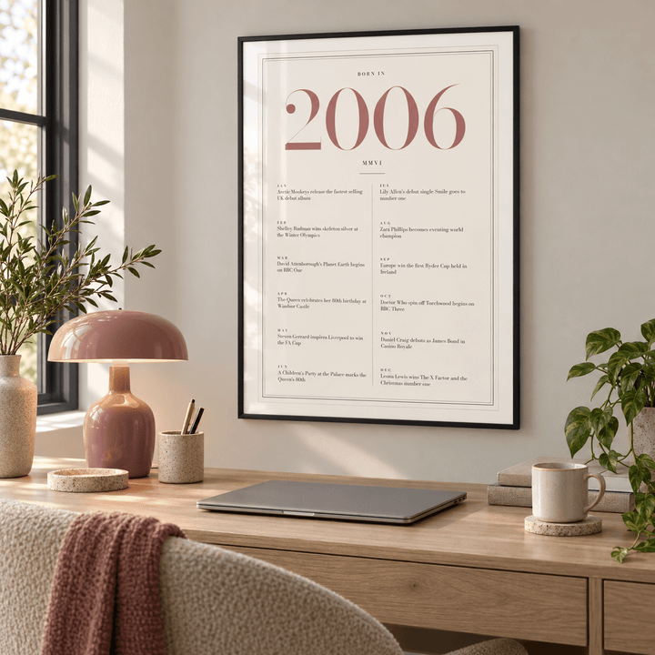 Cream and dusty rose 2006 birth year print on a wall in a lived in room