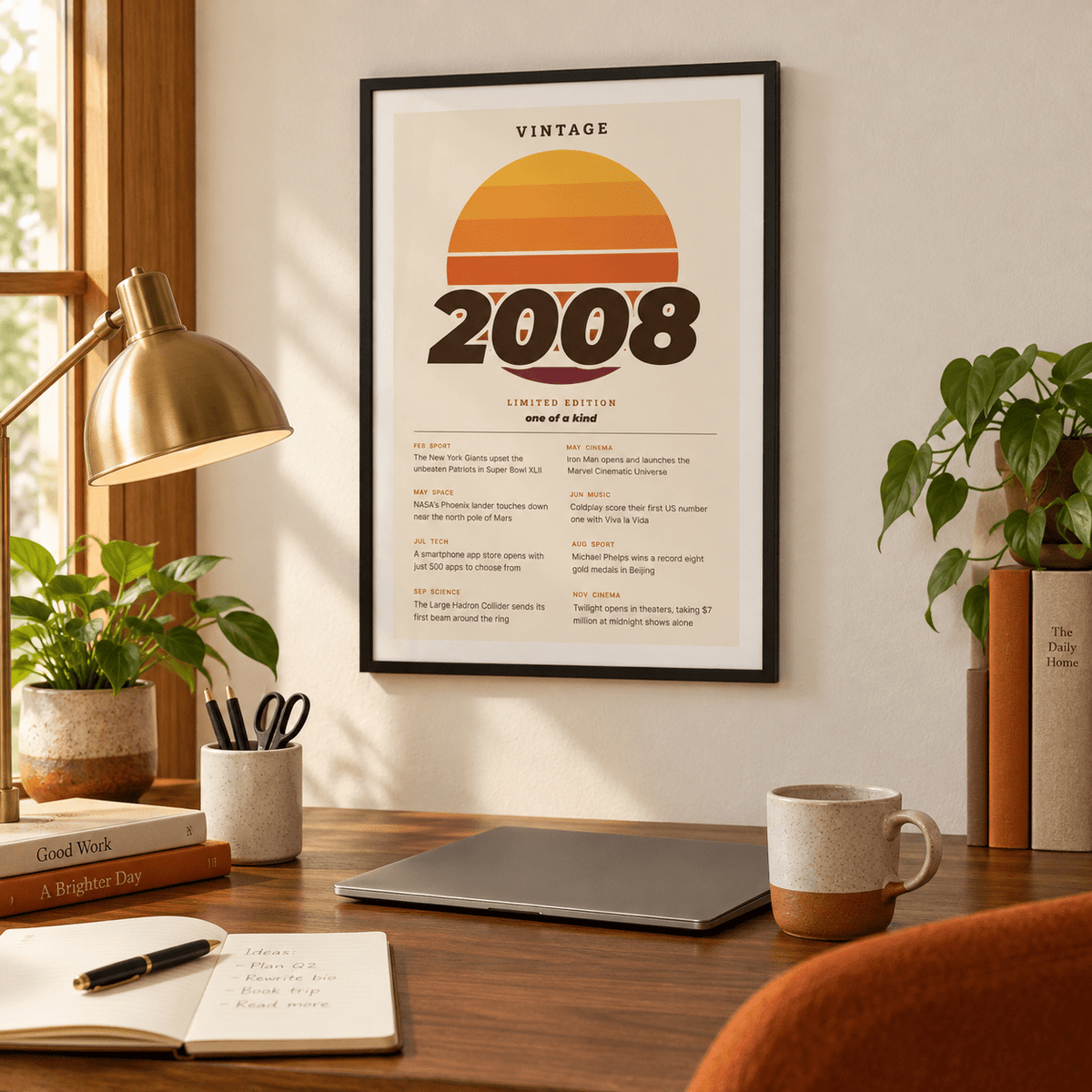 Retro sunset print with 2008 in italic lettering on a wall in a lived in room