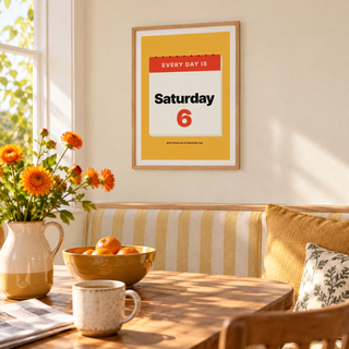 Tear off calendar retirement print above a breakfast table in a family kitchen