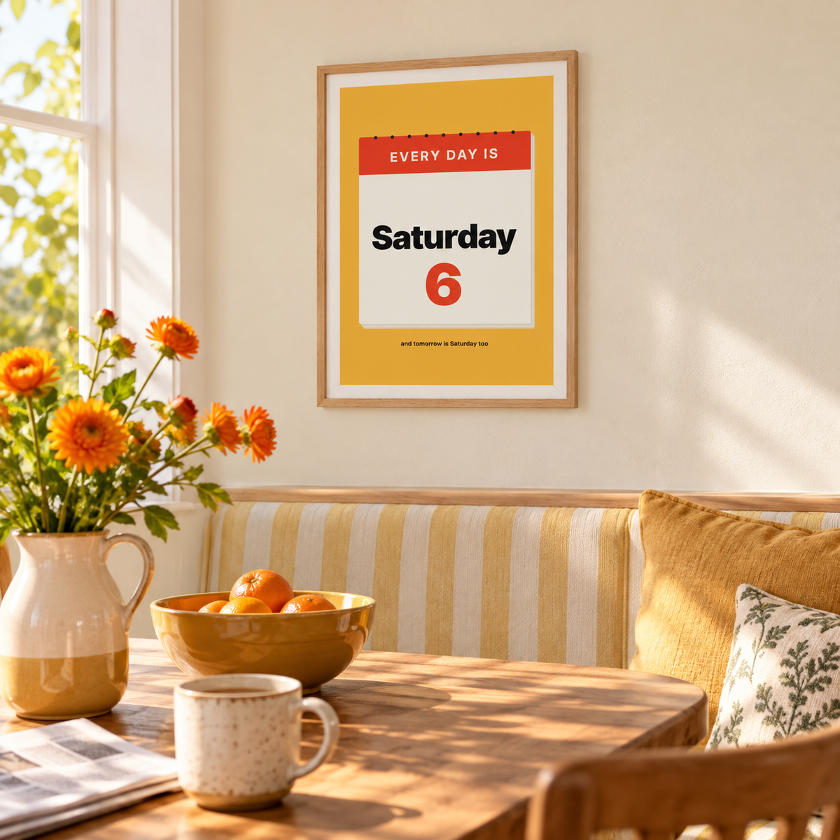Tear off calendar retirement print above a breakfast table in a family kitchen