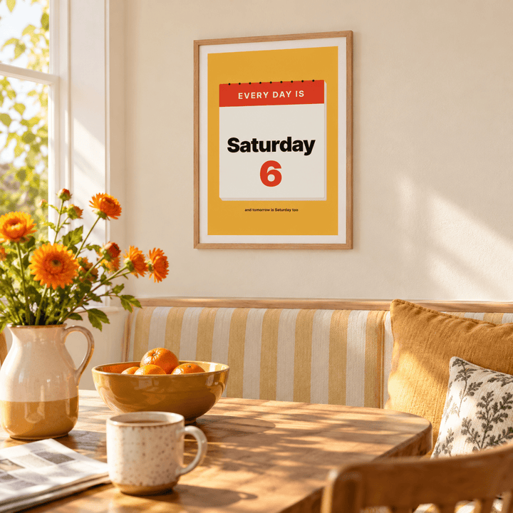 Tear off calendar retirement print above a breakfast table in a family kitchen