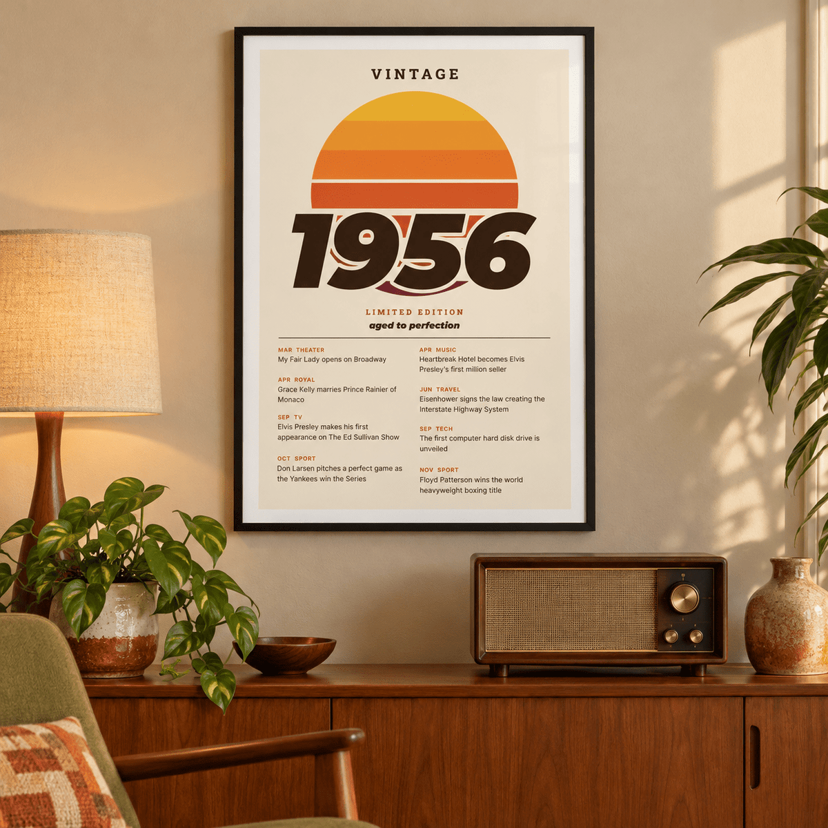 Retro sunset print with 1956 in italic lettering on a wall in a lived in room