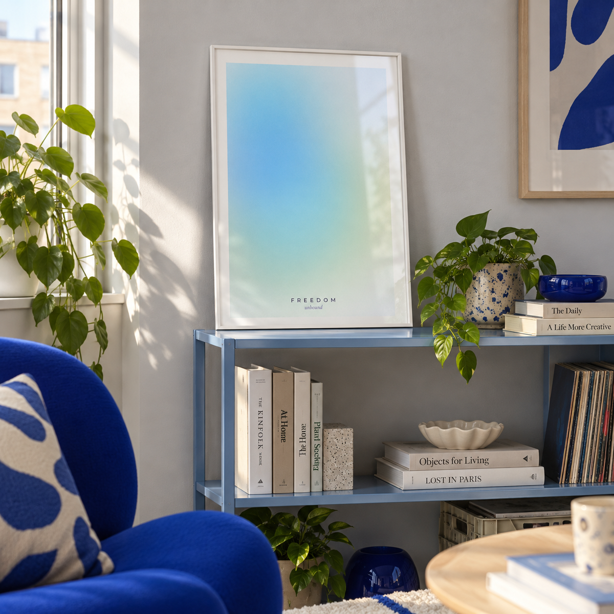 Airy blue and yellow aura print on a shelf in a living room