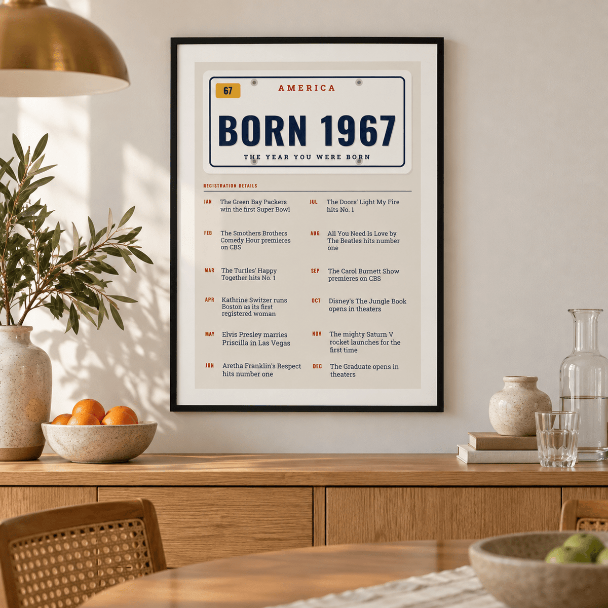 License plate print reading BORN 1967 on a wall in a lived in room