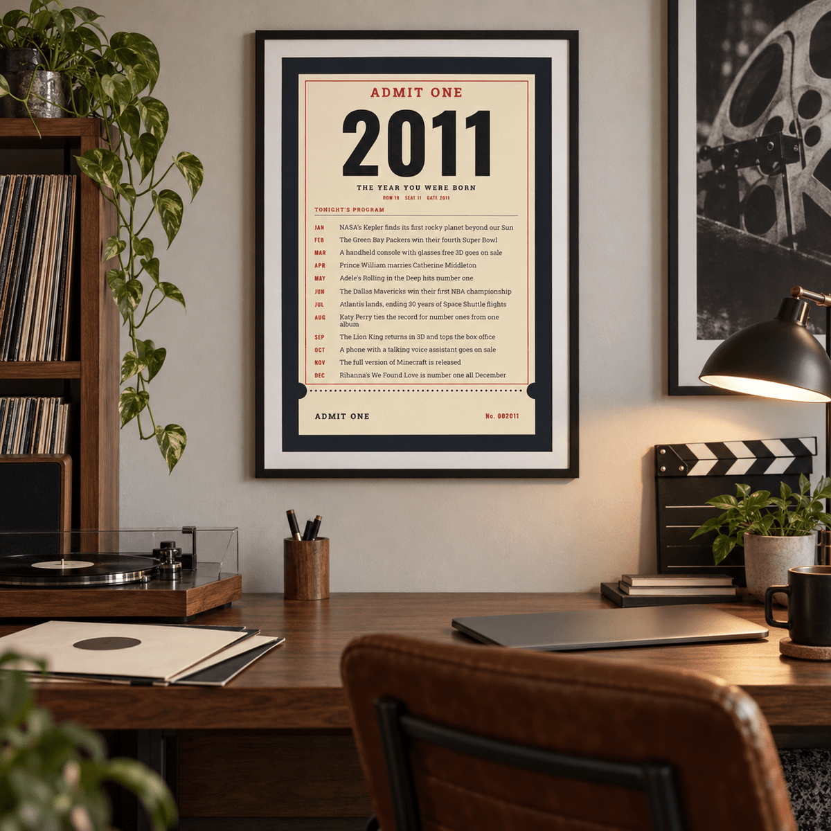 Ticket stub print with the year 2011 on a wall in a lived in room