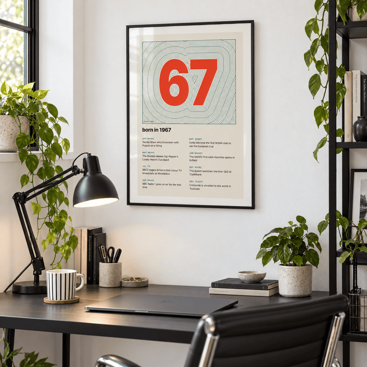 Teal contour line print with a vermilion 1967 on a wall in a lived in room