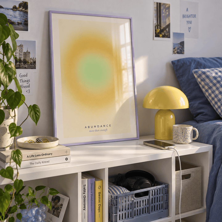 Mustard halo with green centre print on a shelf in a bedroom against a lilac wall