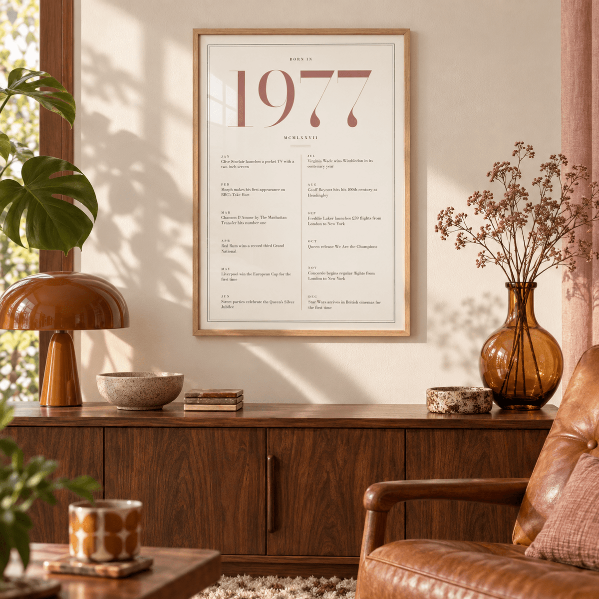 Cream and dusty rose 1977 birth year print on a wall in a lived in room