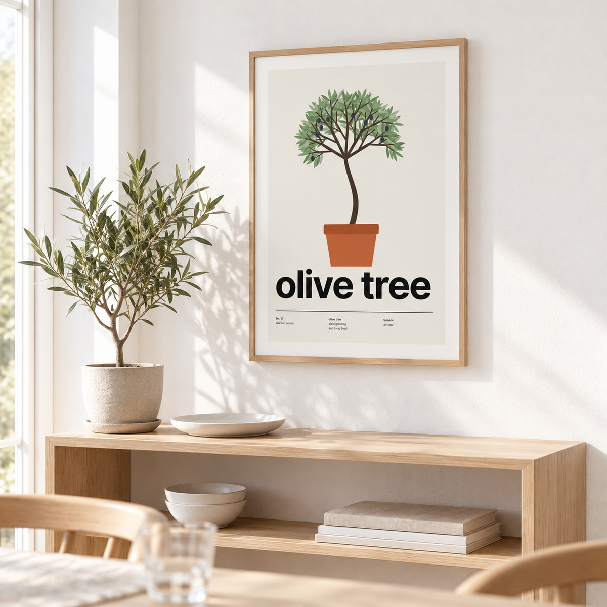 Olive tree in a terracotta pot above a low console in a living room