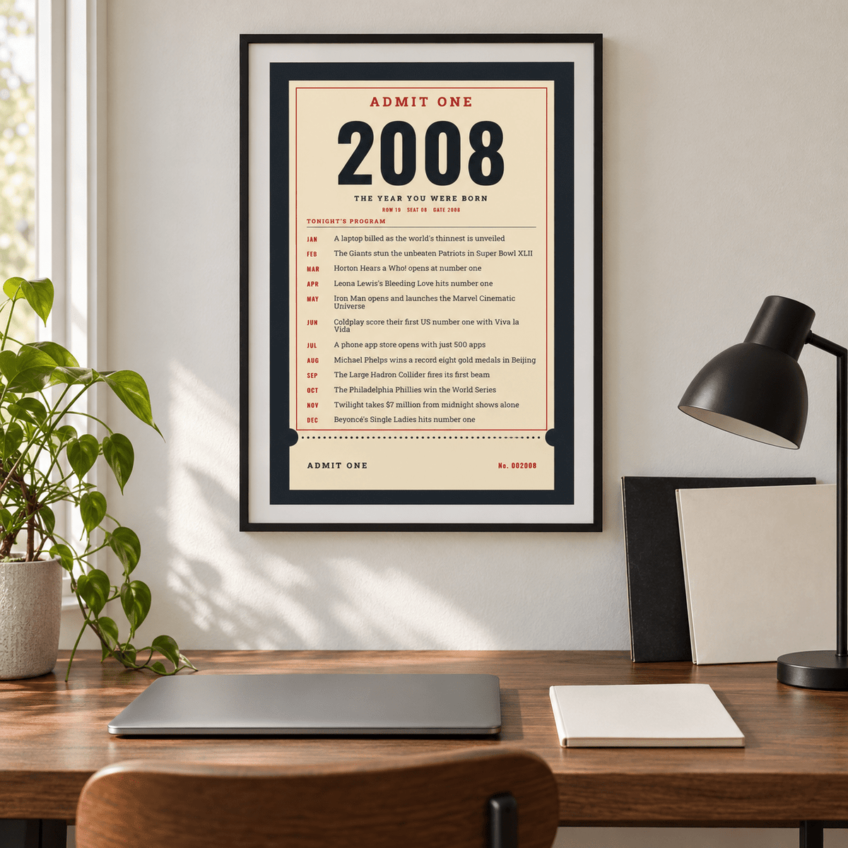 Ticket stub print with the year 2008 on a wall in a lived in room