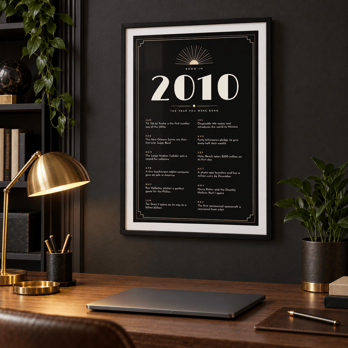 Black and champagne Art Deco 2010 print on a wall in a lived in room