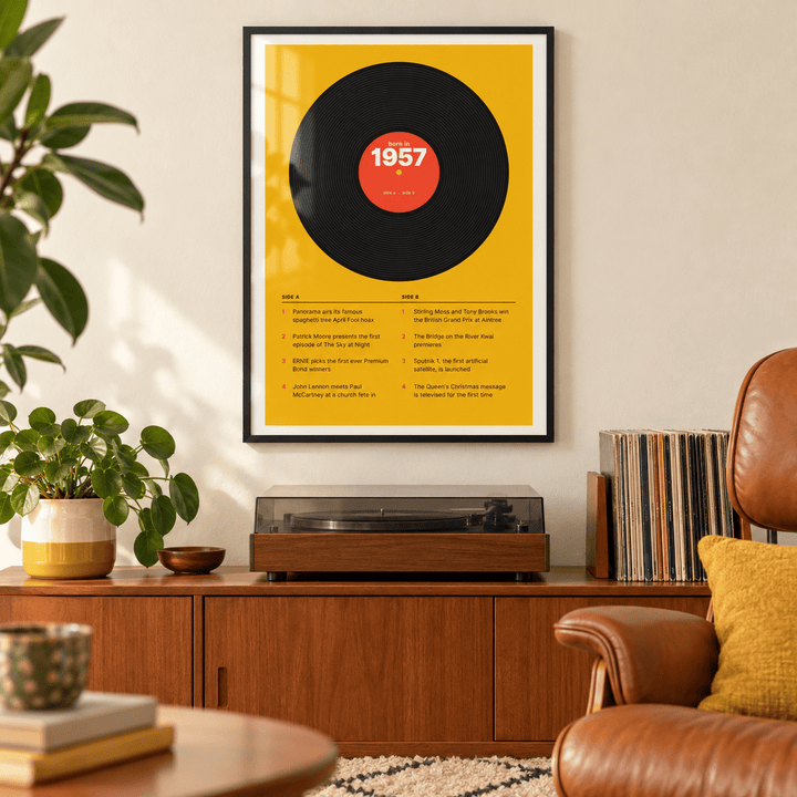 Black vinyl record print with a 1957 label on a wall in a lived in room