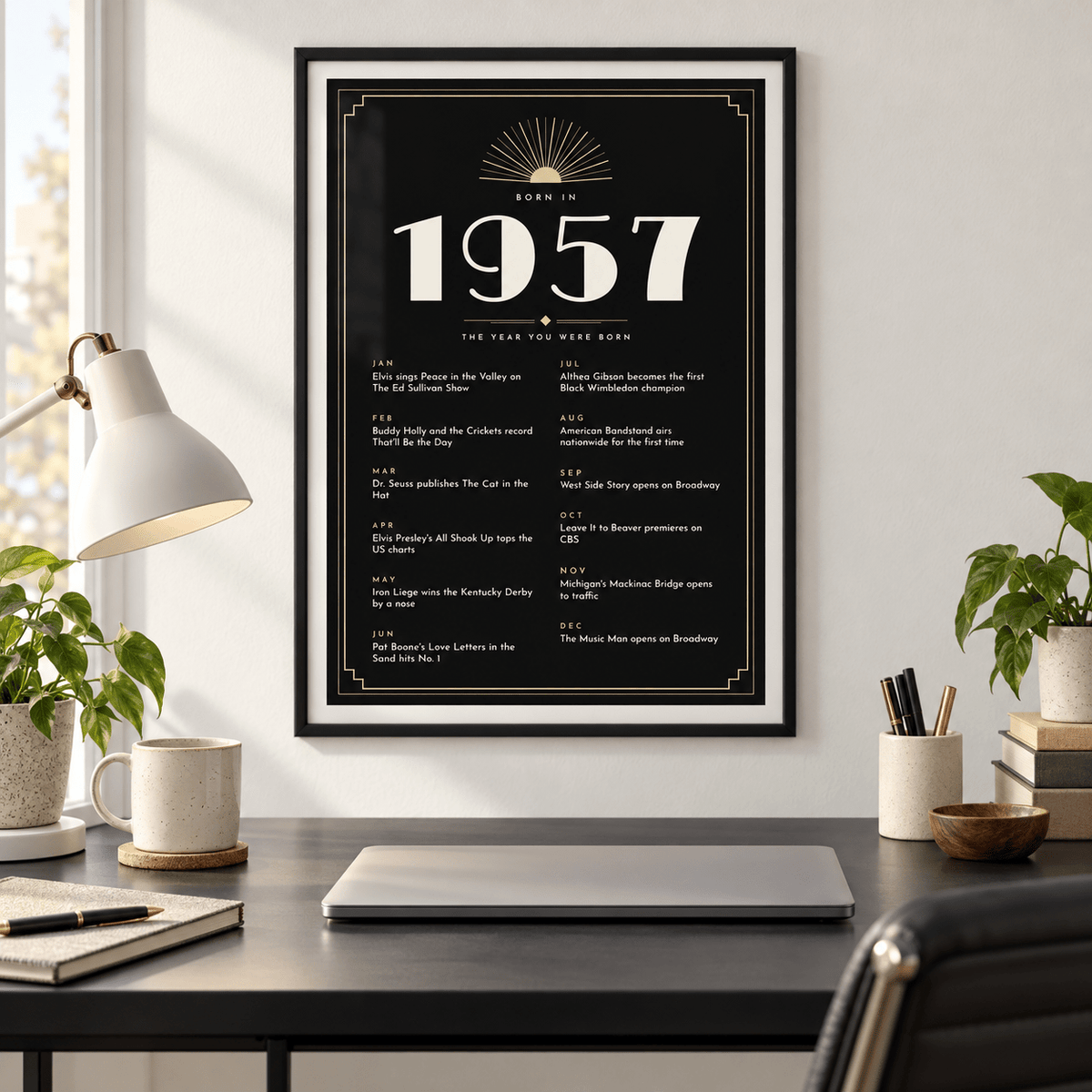 Black and champagne Art Deco 1957 print on a wall in a lived in room