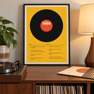 Black vinyl record print with a 1966 label on a wall in a lived in room