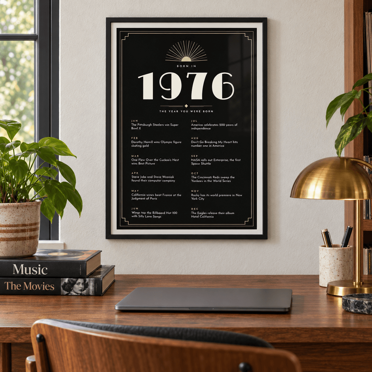 Black and champagne Art Deco 1976 print on a wall in a lived in room