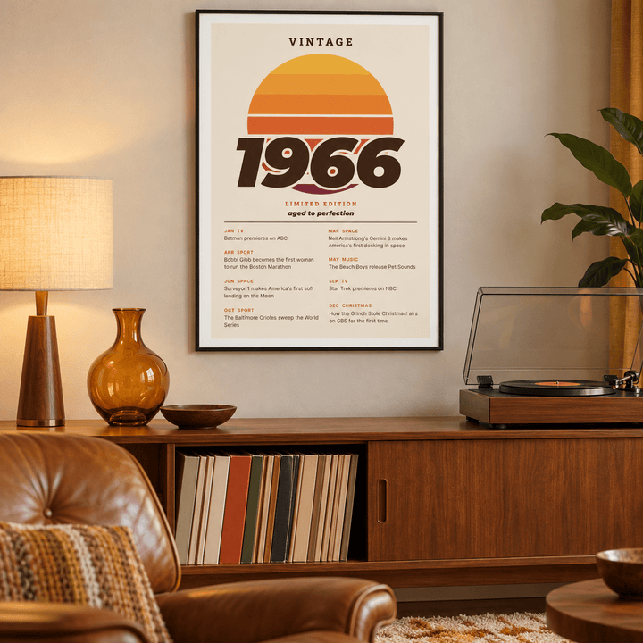 Retro sunset print with 1966 in italic lettering on a wall in a lived in room