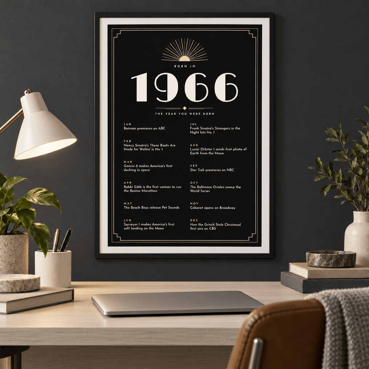 Black and champagne Art Deco 1966 print on a wall in a lived in room