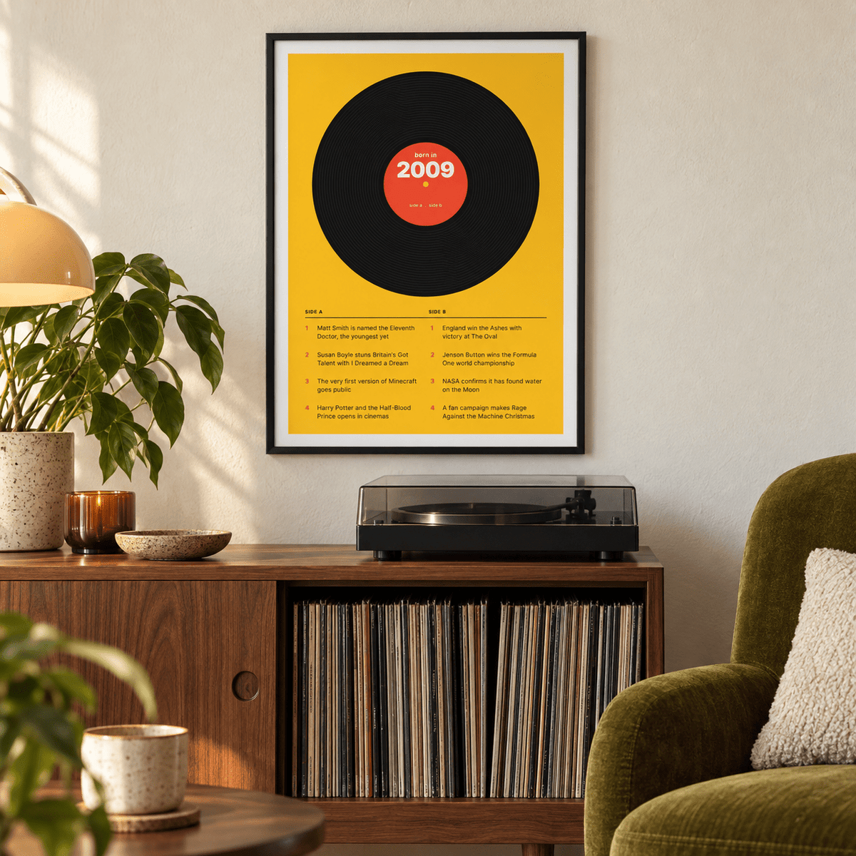 Black vinyl record print with a 2009 label on a wall in a lived in room