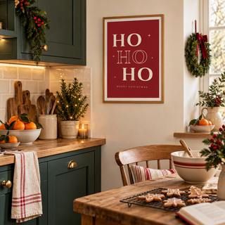 Bold red Christmas lettering print in a christmas kitchen at Christmas