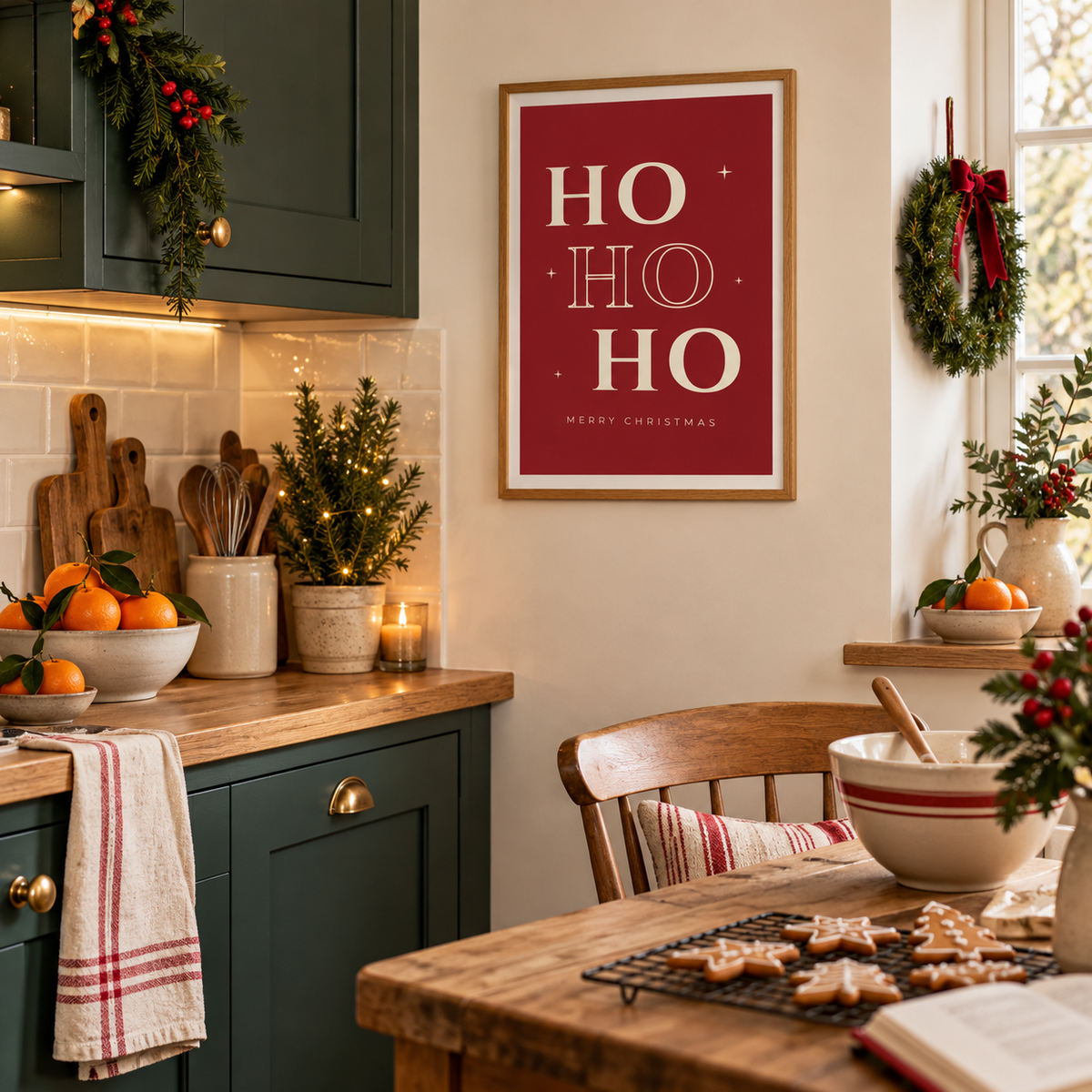 Bold red Christmas lettering print in a christmas kitchen at Christmas