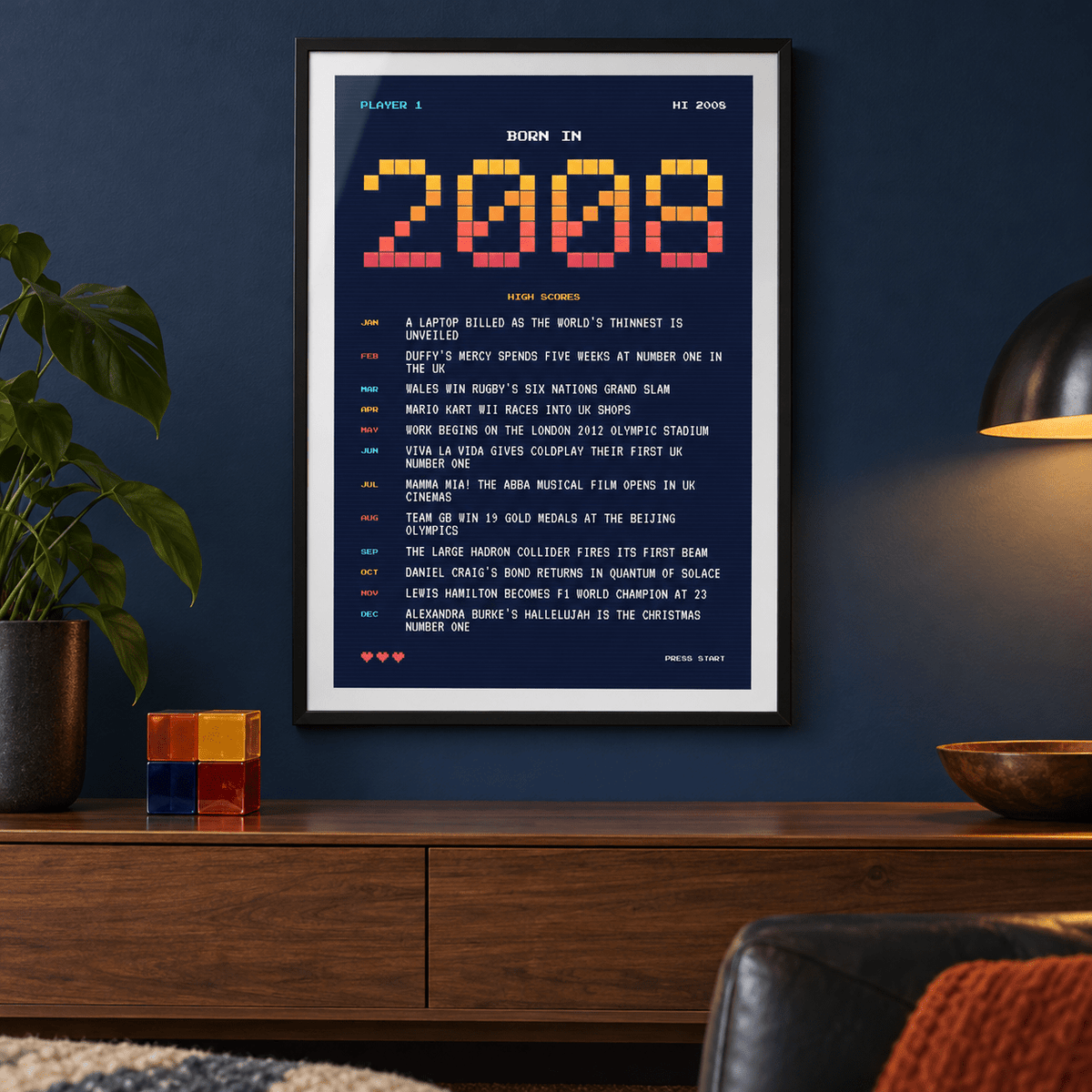 Eight bit 2008 high score print on a wall in a lived in room
