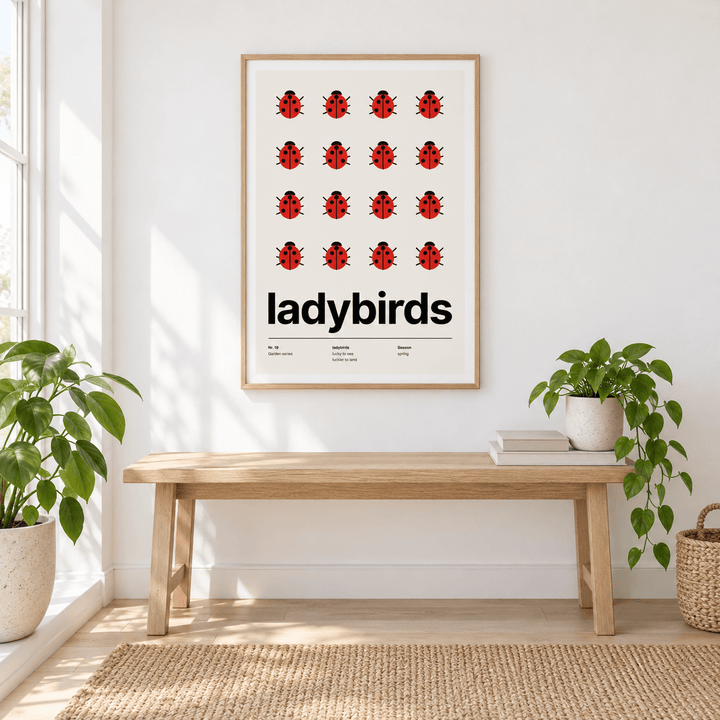 Sixteen red ladybirds in a grid in a nook filled with potted plants