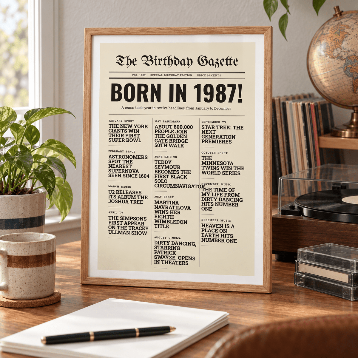 Birthday Gazette print with 1987 headlines on a wall in a lived in room